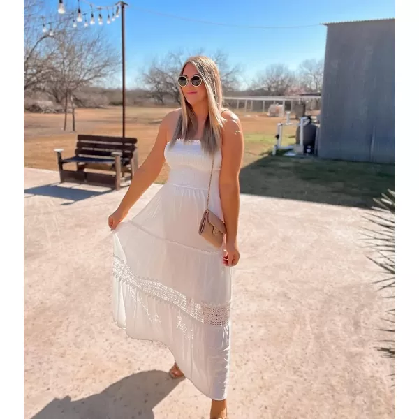 imageZESICA Womens 2023 Summer Bohemian Strapless Off Shoulder Lace Trim Backless Flowy A Line Beach Long Maxi DressWhite