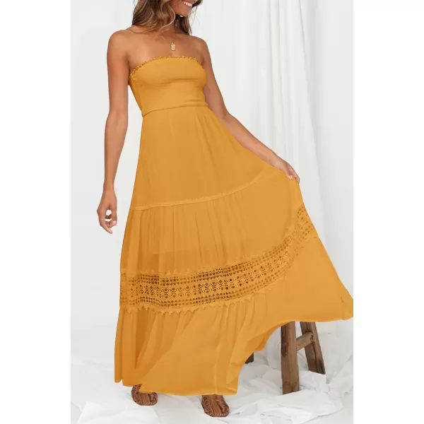 imageZESICA Womens 2023 Summer Bohemian Strapless Off Shoulder Lace Trim Backless Flowy A Line Beach Long Maxi DressYellow