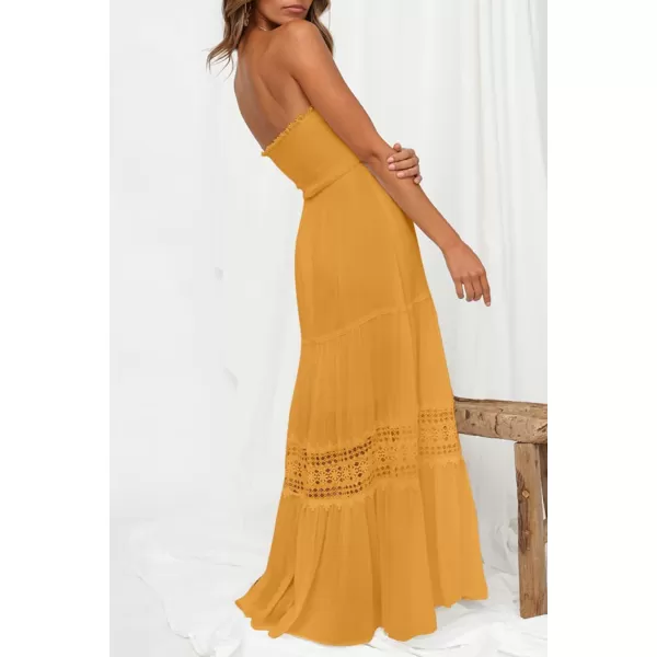 imageZESICA Womens 2023 Summer Bohemian Strapless Off Shoulder Lace Trim Backless Flowy A Line Beach Long Maxi DressYellow