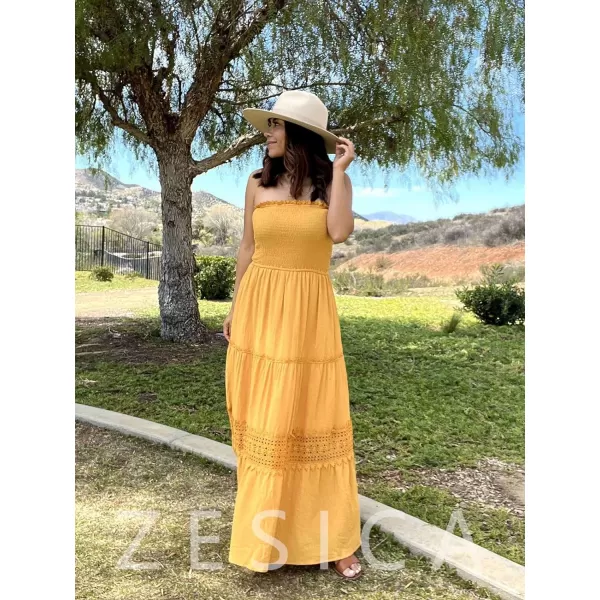 imageZESICA Womens 2023 Summer Bohemian Strapless Off Shoulder Lace Trim Backless Flowy A Line Beach Long Maxi DressYellow