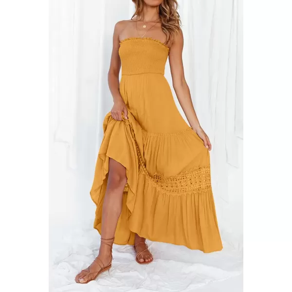 imageZESICA Womens 2023 Summer Bohemian Strapless Off Shoulder Lace Trim Backless Flowy A Line Beach Long Maxi DressYellow
