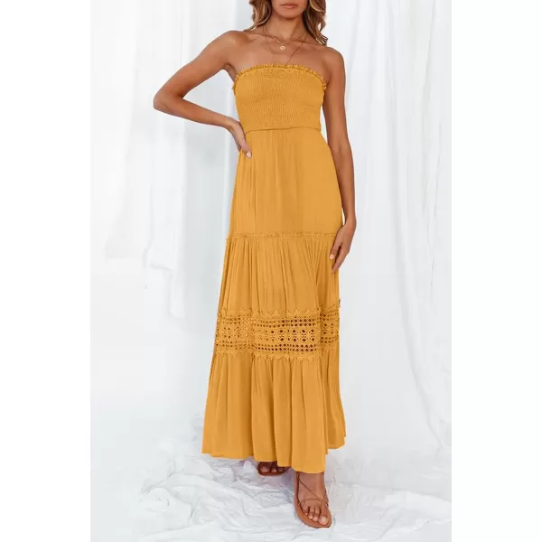 imageZESICA Womens 2023 Summer Bohemian Strapless Off Shoulder Lace Trim Backless Flowy A Line Beach Long Maxi DressYellow