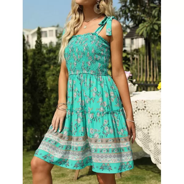 imageZESICA Womens 2023 Summer Boho Floral Printed Spaghetti Strap Square Neck Ruffle A Line Swing Beach Mini DressAqua