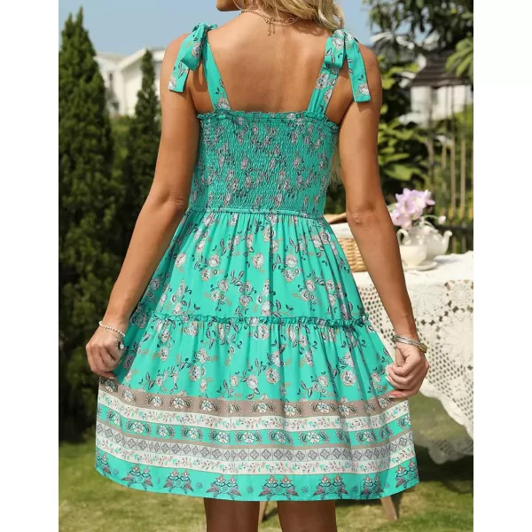 imageZESICA Womens 2023 Summer Boho Floral Printed Spaghetti Strap Square Neck Ruffle A Line Swing Beach Mini DressAqua