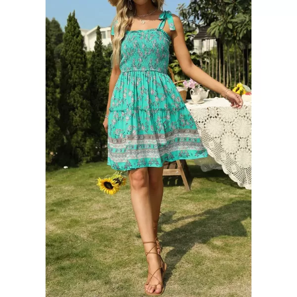 imageZESICA Womens 2023 Summer Boho Floral Printed Spaghetti Strap Square Neck Ruffle A Line Swing Beach Mini DressAqua