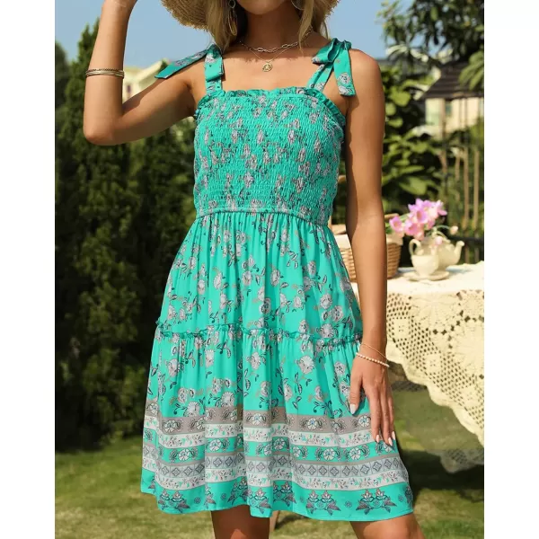 imageZESICA Womens 2023 Summer Boho Floral Printed Spaghetti Strap Square Neck Ruffle A Line Swing Beach Mini DressAqua