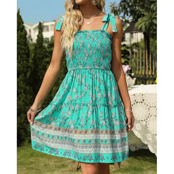 imageZESICA Womens 2023 Summer Boho Floral Printed Spaghetti Strap Square Neck Ruffle A Line Swing Beach Mini DressAqua