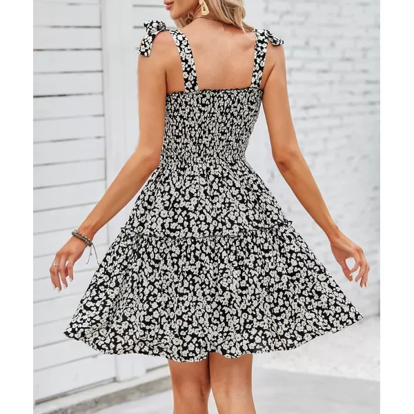 imageZESICA Womens 2023 Summer Boho Floral Printed Spaghetti Strap Square Neck Ruffle A Line Swing Beach Mini DressBlack