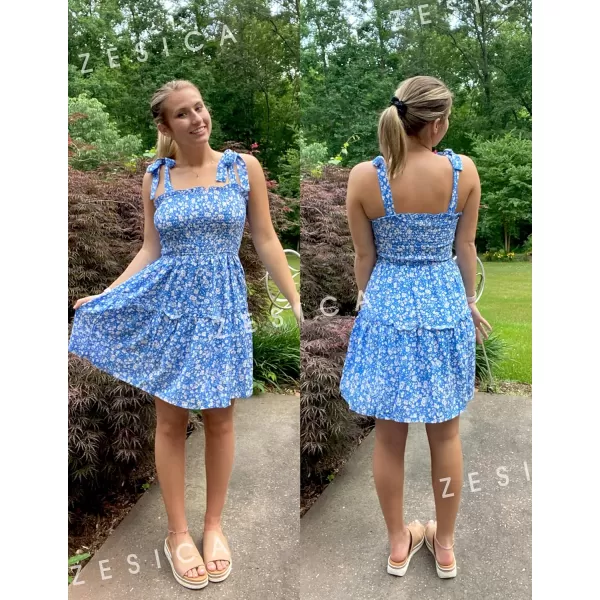 imageZESICA Womens 2023 Summer Boho Floral Printed Spaghetti Strap Square Neck Ruffle A Line Swing Beach Mini DressBlue