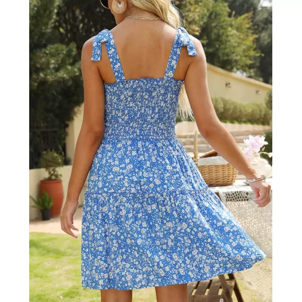imageZESICA Womens 2023 Summer Boho Floral Printed Spaghetti Strap Square Neck Ruffle A Line Swing Beach Mini DressBlue