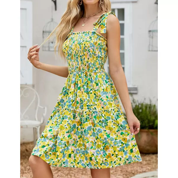 imageZESICA Womens 2023 Summer Boho Floral Printed Spaghetti Strap Square Neck Ruffle A Line Swing Beach Mini DressChartreuse