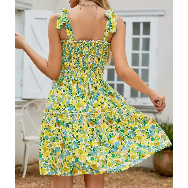imageZESICA Womens 2023 Summer Boho Floral Printed Spaghetti Strap Square Neck Ruffle A Line Swing Beach Mini DressChartreuse