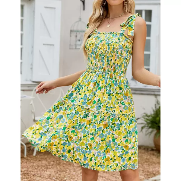 imageZESICA Womens 2023 Summer Boho Floral Printed Spaghetti Strap Square Neck Ruffle A Line Swing Beach Mini DressChartreuse