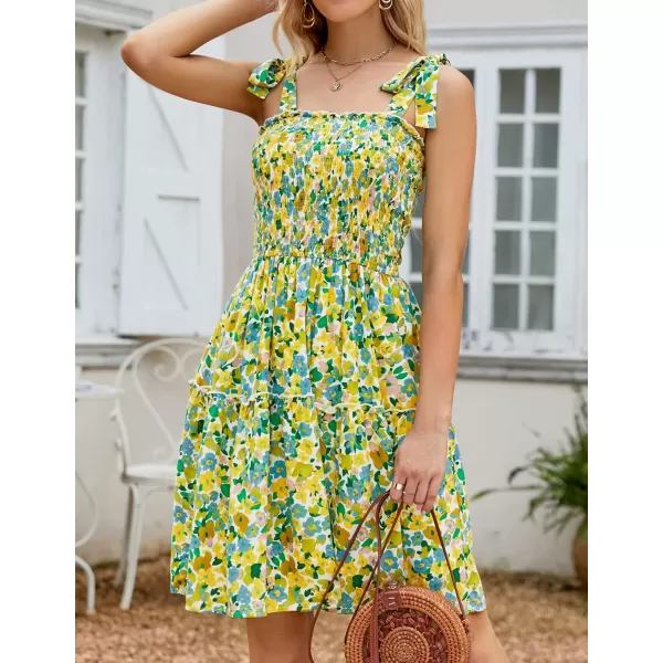 imageZESICA Womens 2023 Summer Boho Floral Printed Spaghetti Strap Square Neck Ruffle A Line Swing Beach Mini DressChartreuse