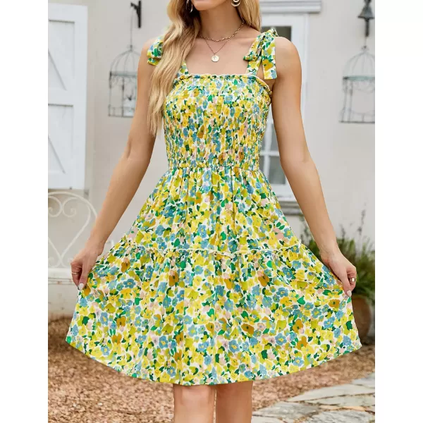 imageZESICA Womens 2023 Summer Boho Floral Printed Spaghetti Strap Square Neck Ruffle A Line Swing Beach Mini DressChartreuse