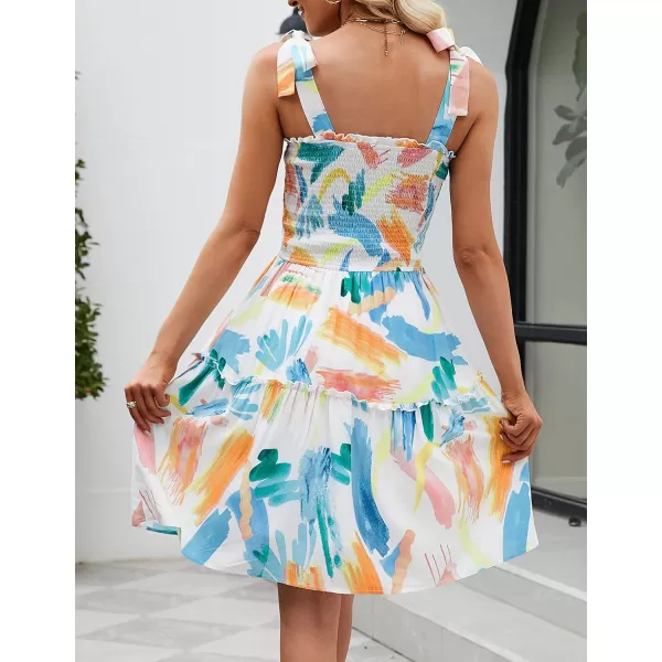 imageZESICA Womens 2023 Summer Boho Floral Printed Spaghetti Strap Square Neck Ruffle A Line Swing Beach Mini DressContrastwhite