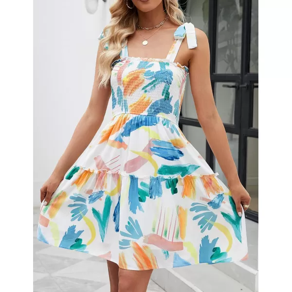 imageZESICA Womens 2023 Summer Boho Floral Printed Spaghetti Strap Square Neck Ruffle A Line Swing Beach Mini DressContrastwhite