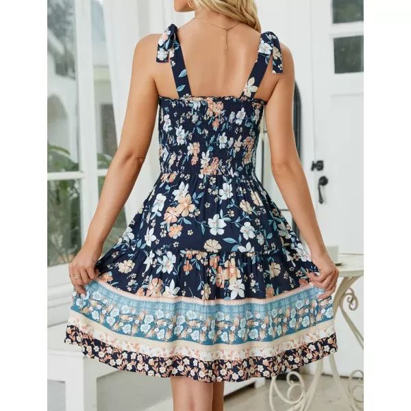 imageZESICA Womens 2023 Summer Boho Floral Printed Spaghetti Strap Square Neck Ruffle A Line Swing Beach Mini DressDarkblue