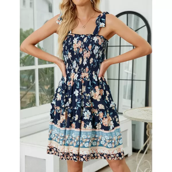imageZESICA Womens 2023 Summer Boho Floral Printed Spaghetti Strap Square Neck Ruffle A Line Swing Beach Mini DressDarkblue
