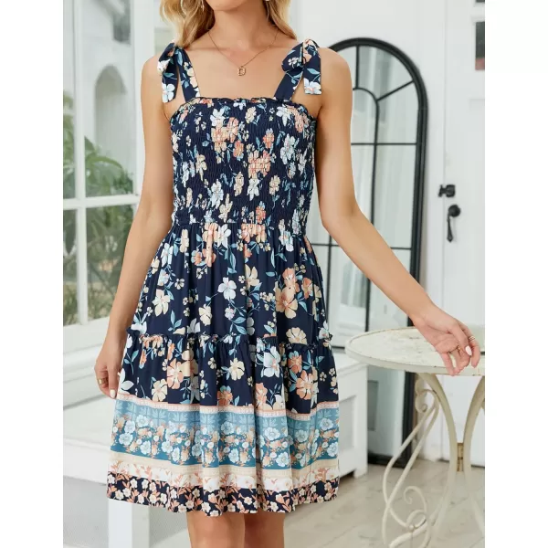imageZESICA Womens 2023 Summer Boho Floral Printed Spaghetti Strap Square Neck Ruffle A Line Swing Beach Mini DressDarkblue