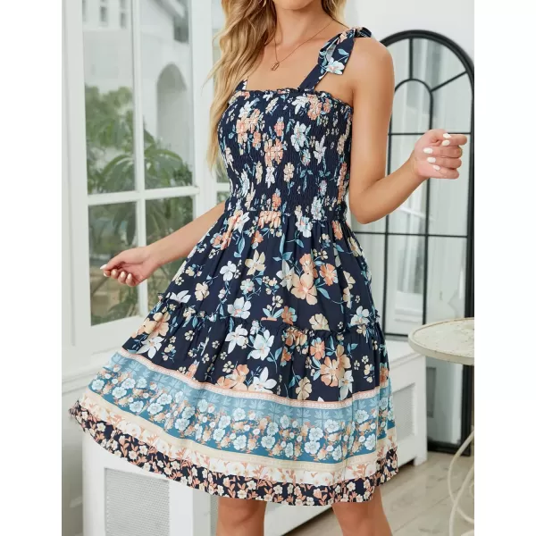 imageZESICA Womens 2023 Summer Boho Floral Printed Spaghetti Strap Square Neck Ruffle A Line Swing Beach Mini DressDarkblue