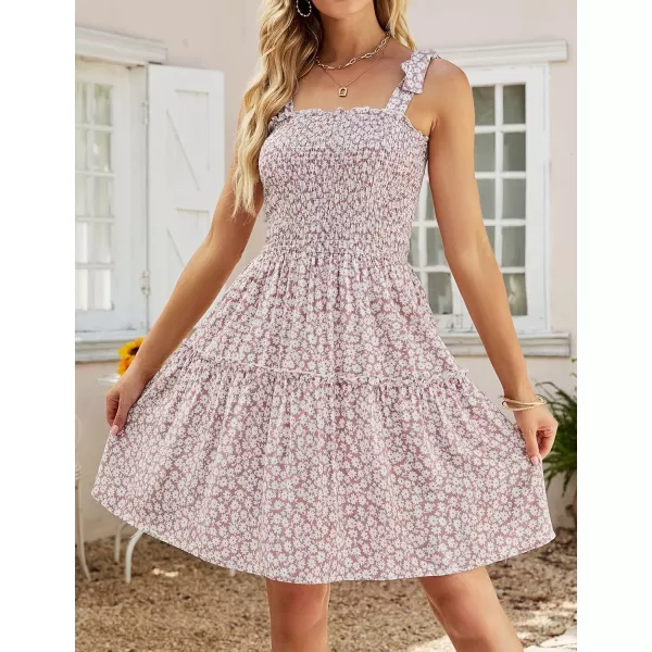 imageZESICA Womens 2023 Summer Boho Floral Printed Spaghetti Strap Square Neck Ruffle A Line Swing Beach Mini DressDarkpink