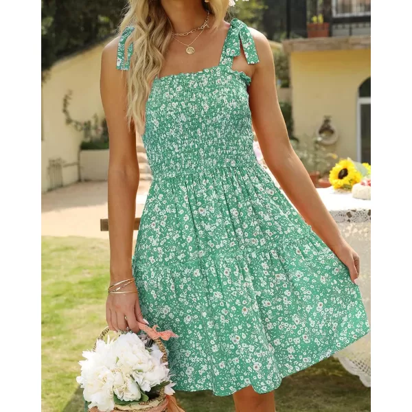 imageZESICA Womens 2023 Summer Boho Floral Printed Spaghetti Strap Square Neck Ruffle A Line Swing Beach Mini DressGreen