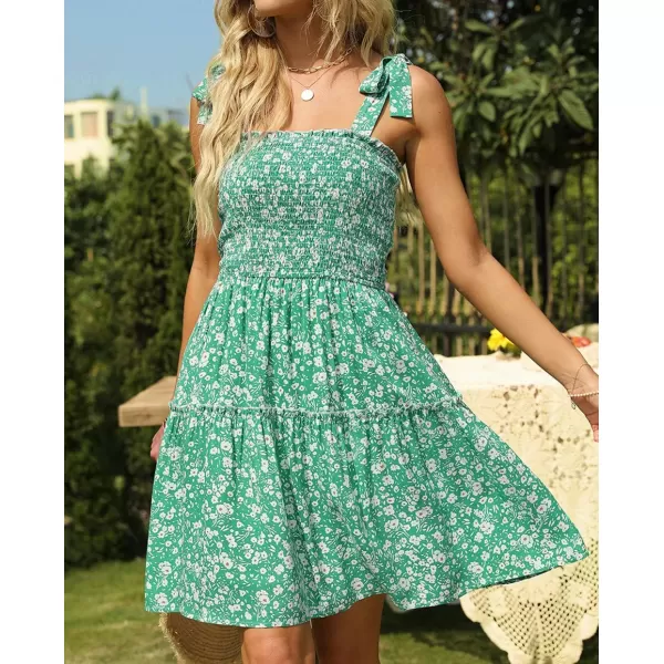 imageZESICA Womens 2023 Summer Boho Floral Printed Spaghetti Strap Square Neck Ruffle A Line Swing Beach Mini DressGreen
