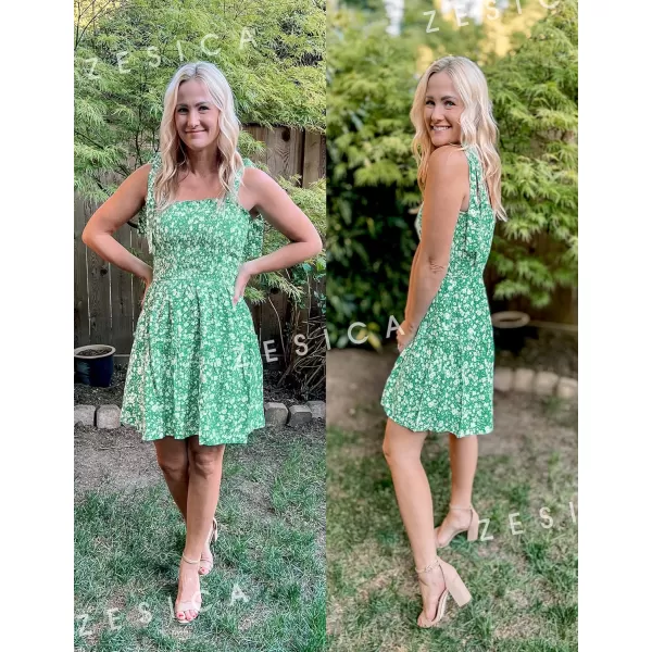 imageZESICA Womens 2023 Summer Boho Floral Printed Spaghetti Strap Square Neck Ruffle A Line Swing Beach Mini DressGreen