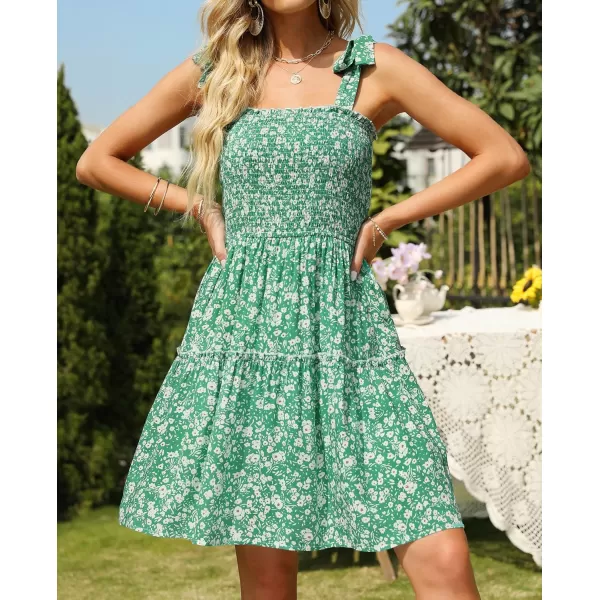 imageZESICA Womens 2023 Summer Boho Floral Printed Spaghetti Strap Square Neck Ruffle A Line Swing Beach Mini DressGreen