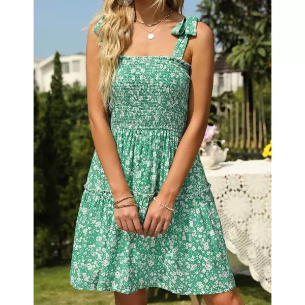 imageZESICA Womens 2023 Summer Boho Floral Printed Spaghetti Strap Square Neck Ruffle A Line Swing Beach Mini DressGreen