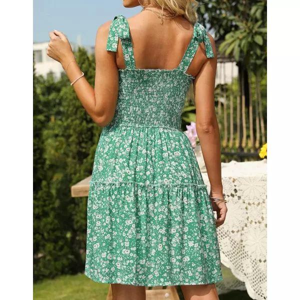 imageZESICA Womens 2023 Summer Boho Floral Printed Spaghetti Strap Square Neck Ruffle A Line Swing Beach Mini DressGreen