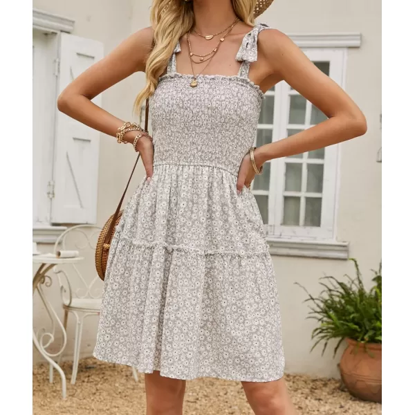 imageZESICA Womens 2023 Summer Boho Floral Printed Spaghetti Strap Square Neck Ruffle A Line Swing Beach Mini DressLightkhaki