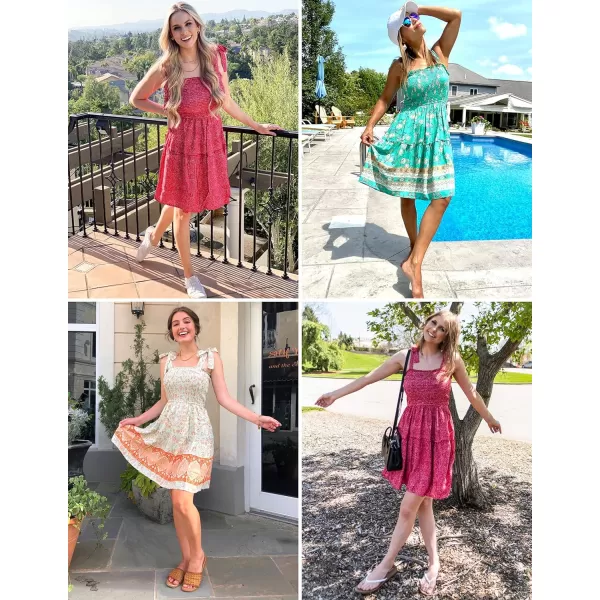 imageZESICA Womens 2023 Summer Boho Floral Printed Spaghetti Strap Square Neck Ruffle A Line Swing Beach Mini DressLightkhaki