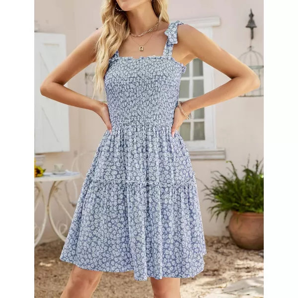 imageZESICA Womens 2023 Summer Boho Floral Printed Spaghetti Strap Square Neck Ruffle A Line Swing Beach Mini DressMidblue