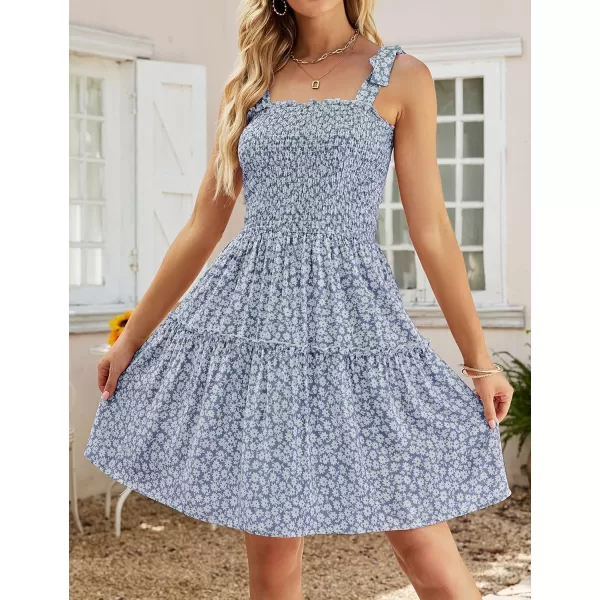 imageZESICA Womens 2023 Summer Boho Floral Printed Spaghetti Strap Square Neck Ruffle A Line Swing Beach Mini DressMidblue