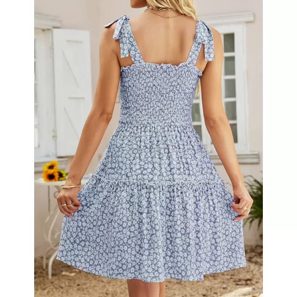 imageZESICA Womens 2023 Summer Boho Floral Printed Spaghetti Strap Square Neck Ruffle A Line Swing Beach Mini DressMidblue