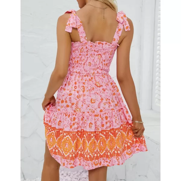 imageZESICA Womens 2023 Summer Boho Floral Printed Spaghetti Strap Square Neck Ruffle A Line Swing Beach Mini DressPinkorange