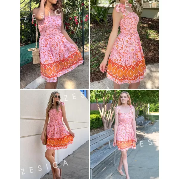 imageZESICA Womens 2023 Summer Boho Floral Printed Spaghetti Strap Square Neck Ruffle A Line Swing Beach Mini DressPinkorange