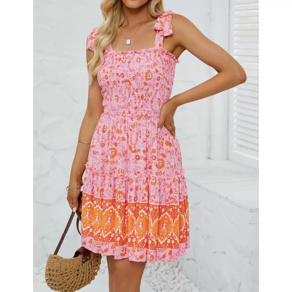 imageZESICA Womens 2023 Summer Boho Floral Printed Spaghetti Strap Square Neck Ruffle A Line Swing Beach Mini DressPinkorange