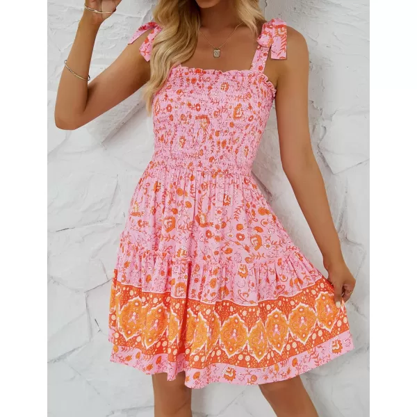 imageZESICA Womens 2023 Summer Boho Floral Printed Spaghetti Strap Square Neck Ruffle A Line Swing Beach Mini DressPinkorange