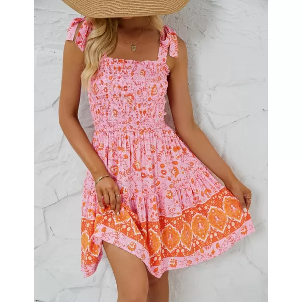 imageZESICA Womens 2023 Summer Boho Floral Printed Spaghetti Strap Square Neck Ruffle A Line Swing Beach Mini DressPinkorange
