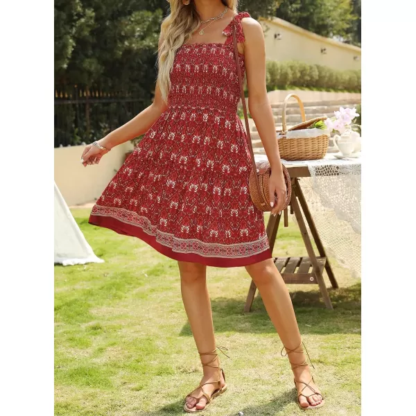 imageZESICA Womens 2023 Summer Boho Floral Printed Spaghetti Strap Square Neck Ruffle A Line Swing Beach Mini DressRed