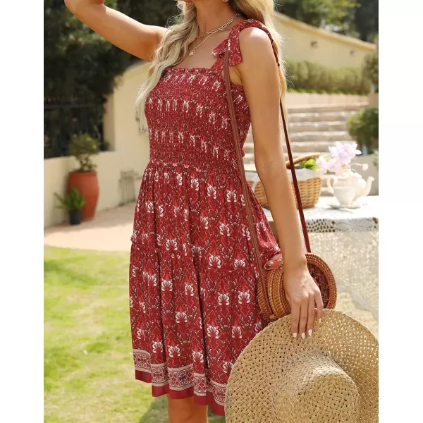 imageZESICA Womens 2023 Summer Boho Floral Printed Spaghetti Strap Square Neck Ruffle A Line Swing Beach Mini DressRed