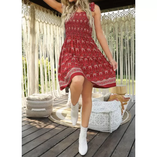 imageZESICA Womens 2023 Summer Boho Floral Printed Spaghetti Strap Square Neck Ruffle A Line Swing Beach Mini DressRed
