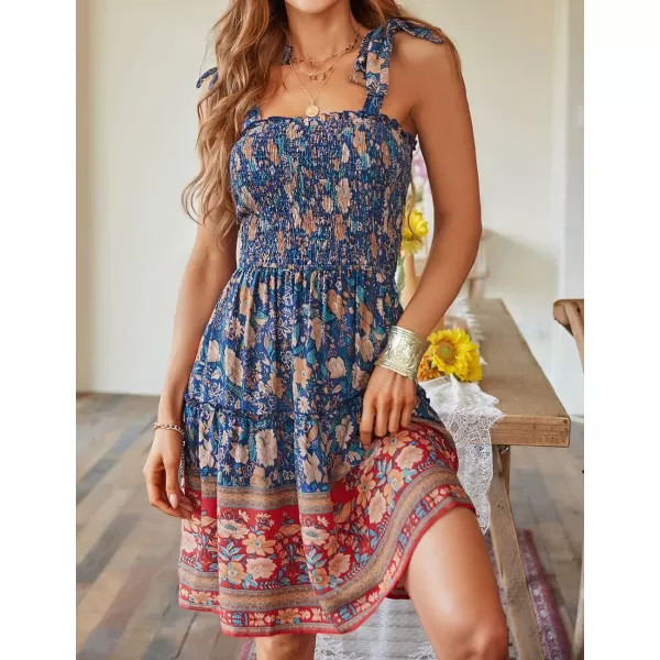 imageZESICA Womens 2023 Summer Boho Floral Printed Spaghetti Strap Square Neck Ruffle A Line Swing Beach Mini DressRoyalblue