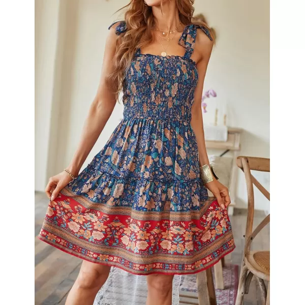 imageZESICA Womens 2023 Summer Boho Floral Printed Spaghetti Strap Square Neck Ruffle A Line Swing Beach Mini DressRoyalblue