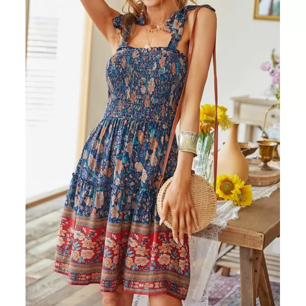 imageZESICA Womens 2023 Summer Boho Floral Printed Spaghetti Strap Square Neck Ruffle A Line Swing Beach Mini DressRoyalblue