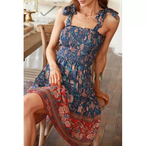 imageZESICA Womens 2023 Summer Boho Floral Printed Spaghetti Strap Square Neck Ruffle A Line Swing Beach Mini DressRoyalblue
