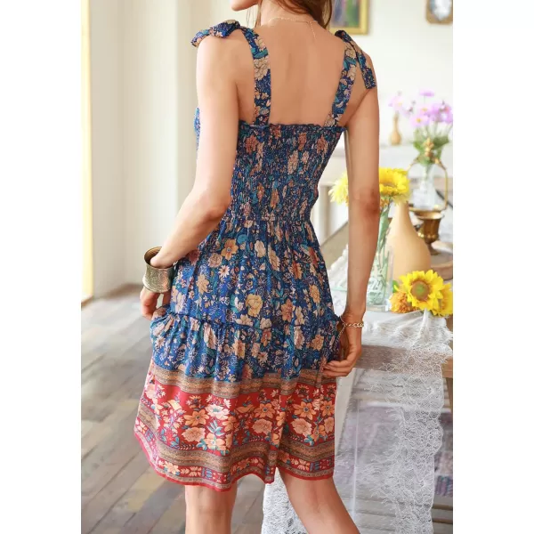imageZESICA Womens 2023 Summer Boho Floral Printed Spaghetti Strap Square Neck Ruffle A Line Swing Beach Mini DressRoyalblue